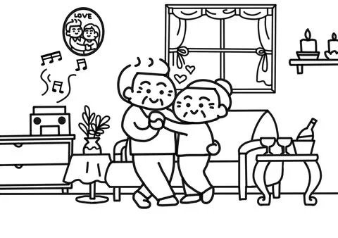 Couple elderly dancing together coloring pages style. Stock Illustration