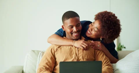 Couple, embrace and remote work in home with laptop, bonding or support husband Stock Footage 337454452
