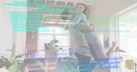 Couple embracing and marking moving while code overlay shifting across living Stock Footage 318936830