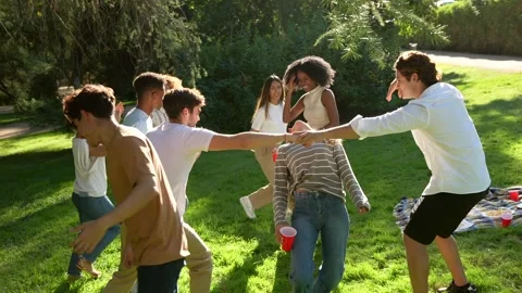 Couple embracing while announcing good news to friends at park Stock Footage 301076701