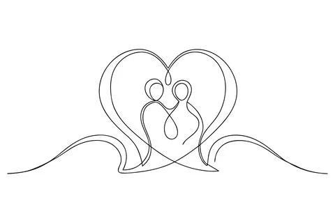 Couple Embracing Within a Heart Shape Line Art love Stock Illustration
