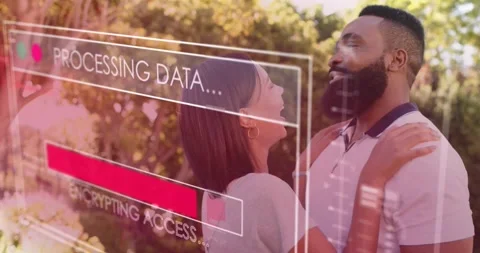 Couple embracing in yard while tech HUD processing over them, bars filling, Stock Footage 321363013