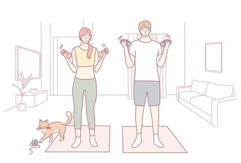 A Couple Engaging in Exercise Activities at Home While Enjoying Time with Their Stock Illustration