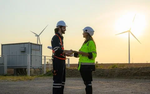Couple of engineer technician working together with happiness at turbine farm Foto stock