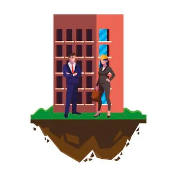 Couple of engineers builders with building Ilustración de archivo