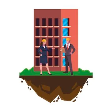 Couple of engineers builders with building Ilustración de archivo