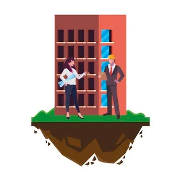 Couple of engineers builders with building Ilustración de archivo