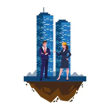Couple of engineers builders with building Ilustración de archivo