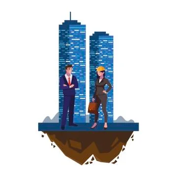 Couple of engineers builders with building Ilustración de archivo