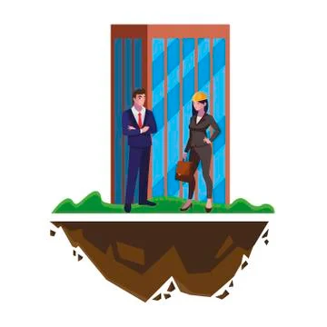 Couple of engineers builders with building Ilustración de archivo