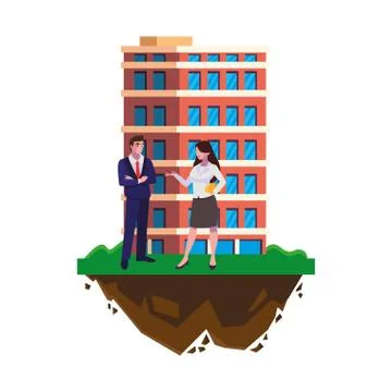 Couple of engineers builders with building Ilustración de archivo