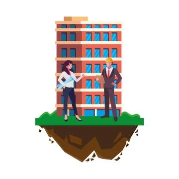 Couple of engineers builders with building Ilustración de archivo