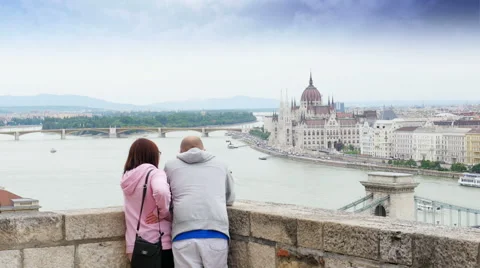 Couple enjoy with budapest river view, hungary, 4k Video stock 58750559
