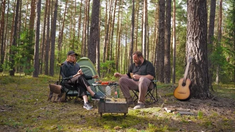 Couple enjoying barbecue picnic while camping in pine forest 스톡 동영상 327132284