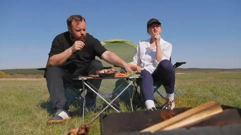 Couple enjoying barbecue picnic while camping Stockbeeldmateriaal 344606117