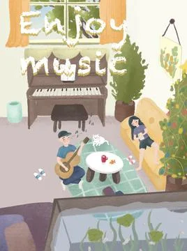 A Couple Enjoying Music in a Warm Room Stock Illustration