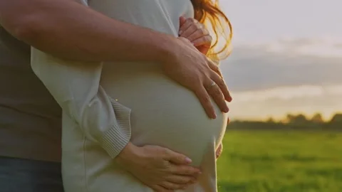 Couple enjoying sunset while embracing expectant mother in peaceful nature Stock Footage 286316356