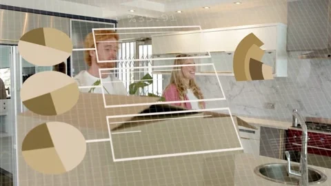 Couple entering kitchen carrying box, arranging box while tech overlays over Vídeo Stock 333526400
