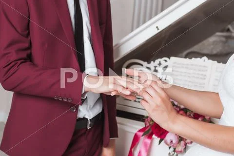 The couple exchange wedding rings Stock Photos