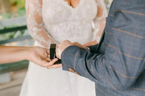 Couple exchanges wedding rings during an outdoor ceremony in a scenic garden at Stock Photos