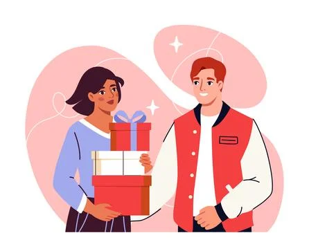 Couple exchanging gift boxes. Vector illustration Stock-Illustration