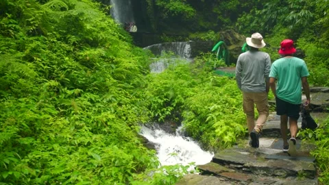 A couple exploring a beautiful waterfall lush green forest Jibhi, India Stock Footage 333235883
