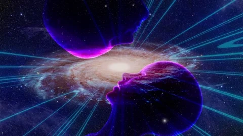 Couple facing each other and revolving with space and galaxy travel tunnel Stock Footage 246782940