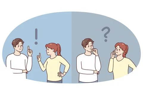 Couple feeling confused thinking of problem solution. Pensive man and woman Stock Illustration