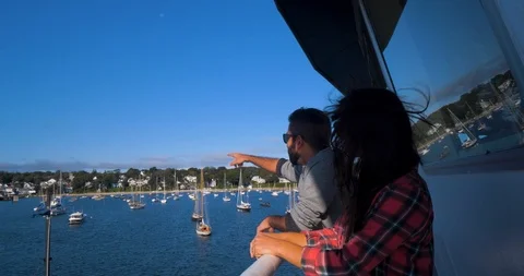 Couple on Ferry, Pointing to Harbor, Coast, New England People Boat Stock Footage 102398612