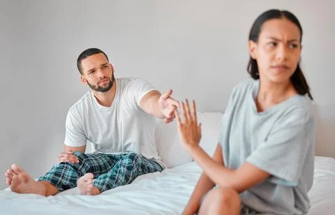 Couple fight, marriage divorce and cheating with conflict, sad and angry partner Stock Photos