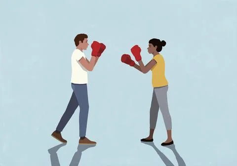 Couple in fighting stance face to face against blue background Stock Illustration