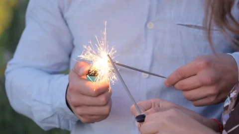 Couple on fire bengal lights Stock Footage 94090618