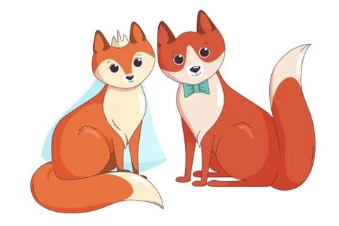 Couple of foxes ready for wedding. Vector illustration in cute cartoon style Stock Illustration