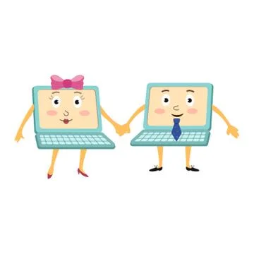 Couple of funny cartoon laptop computer characters Stock Illustration