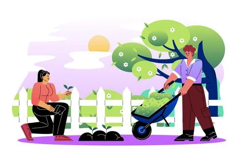 Couple gardening in backyard at sunset. Vector illustration Stock Illustration