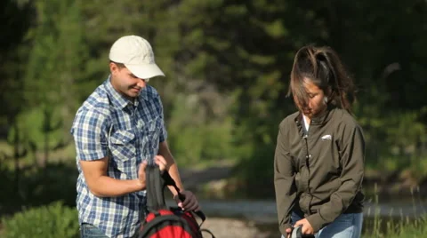 Couple get backpacks on Video stock 61669788