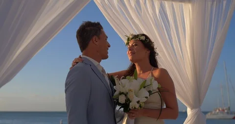 Couple Getting Married on Beach at Sunset, Bride and Groom Stock Footage 103220885
