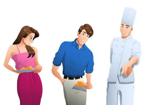 Couple going to eat guided by the chef on isolated white background Stock Illustration