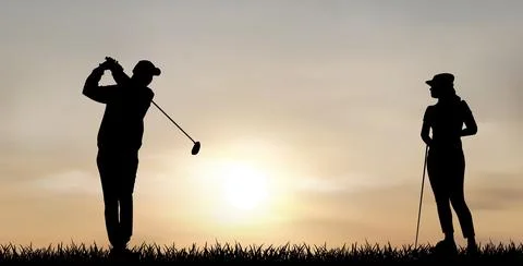 Couple of golfers at sunset Stock Illustration