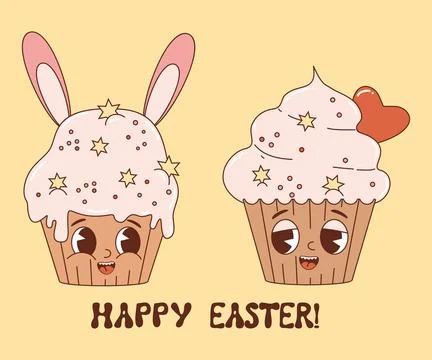 Couple groovy cartoon character easter cake cupcake with bunny ears. Retro .. Stock Illustration