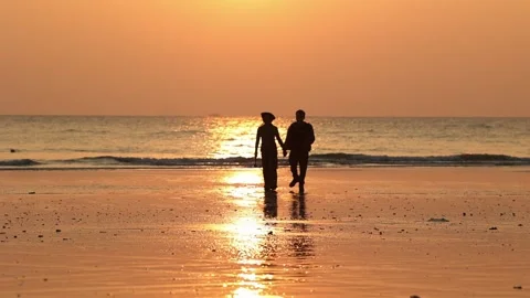 A couple hand in hand walking on the beach during sunset Video stock 235653371