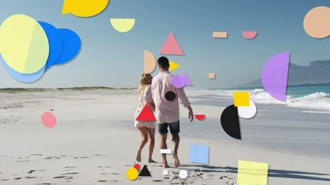 Couple hand-in-hand walking beach as shapes emerging from edges multiply, Stock Footage 333510475