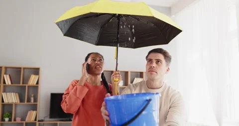 Couple handles home ceiling leak with umbrella and bucket during emergency call Stock Footage 335543463