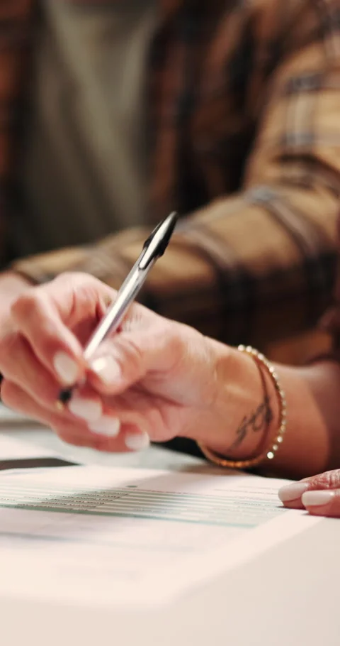 Couple, hands or writing with document for survey, home insurance or legal Stock Footage 339132309