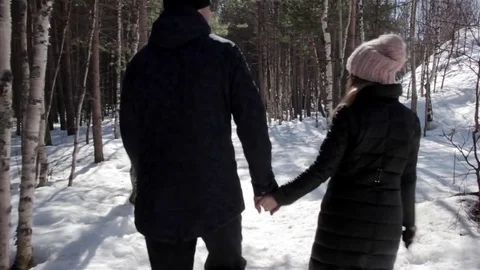 Couple of happy lovers taking hands and walk together on the forest path 库存影片 76618308