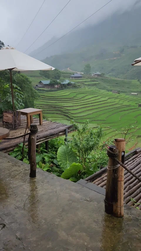 Couple Having Drinks on Rice Terraces – Sapa, VIETNAM – 2024/06/05 Stock Footage 319795203