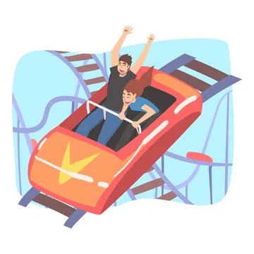 Couple Having Fun in Roller Coaster, Top View of Excited Young People Riding Stock Illustration