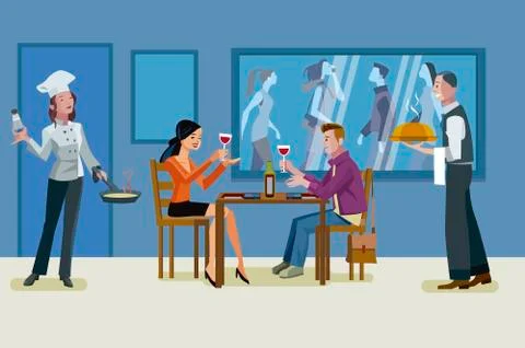 Couple Having a Romantic Dinner Stock Illustration