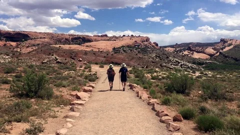 Couple hikes down desert path with blue sky HD Stock-Footage 107696135