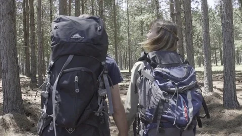 Couple hiking with large backpacks Stock Footage 75199588